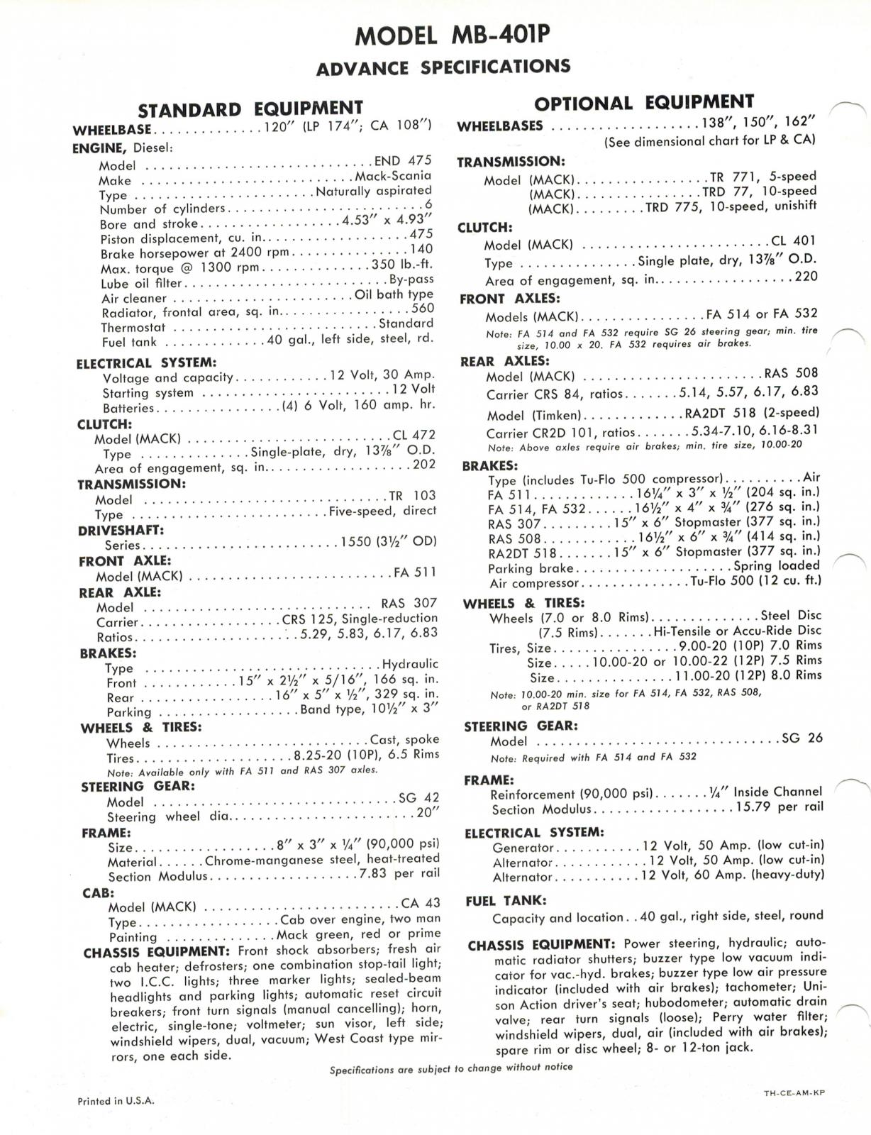 SPEC SHEET MB-401P - Antique & Classic Mack Info - BigMackTrucks.com